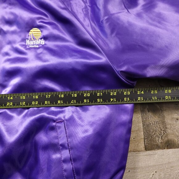 Vintage Satin Bomber Jacket Harrah’s Marina Hotel Casino Large Purple 80s Style - Picture 5 of 12